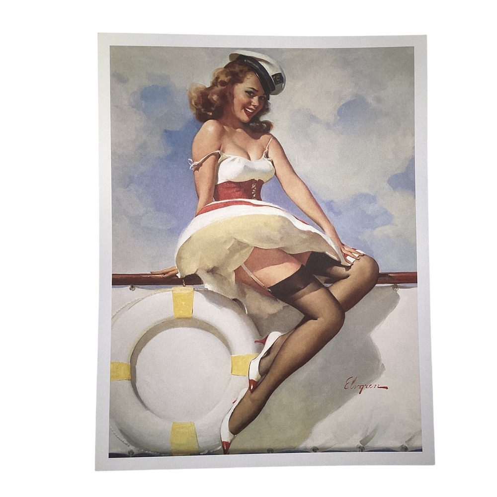 Vintage Pin-Up Sailor Girl Art Print - White, Red, Black